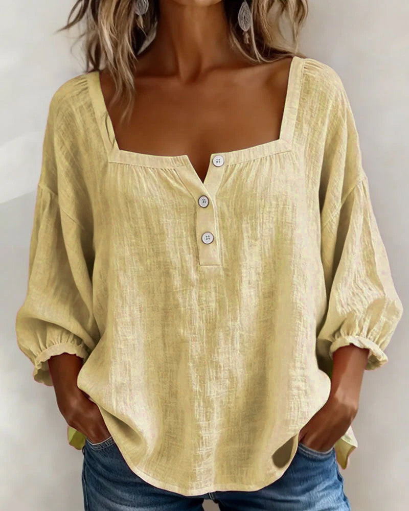 Masego | Cotton-Linen Square Neck Blouse
