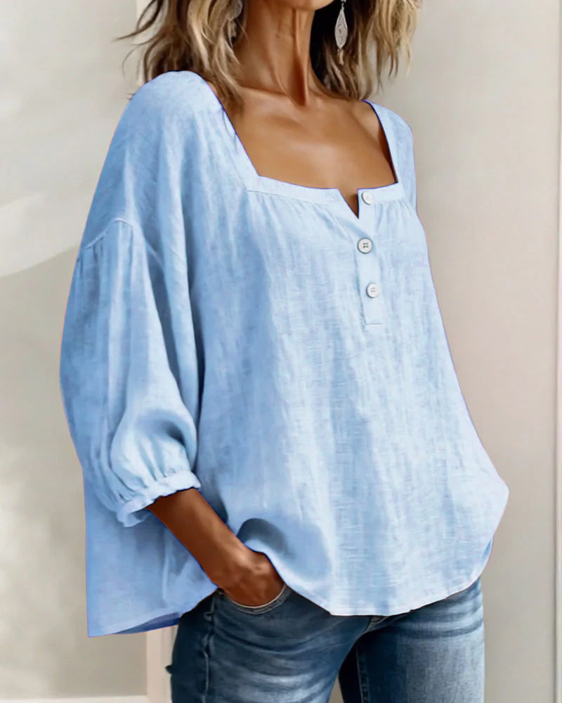 Masego | Cotton-Linen Square Neck Blouse