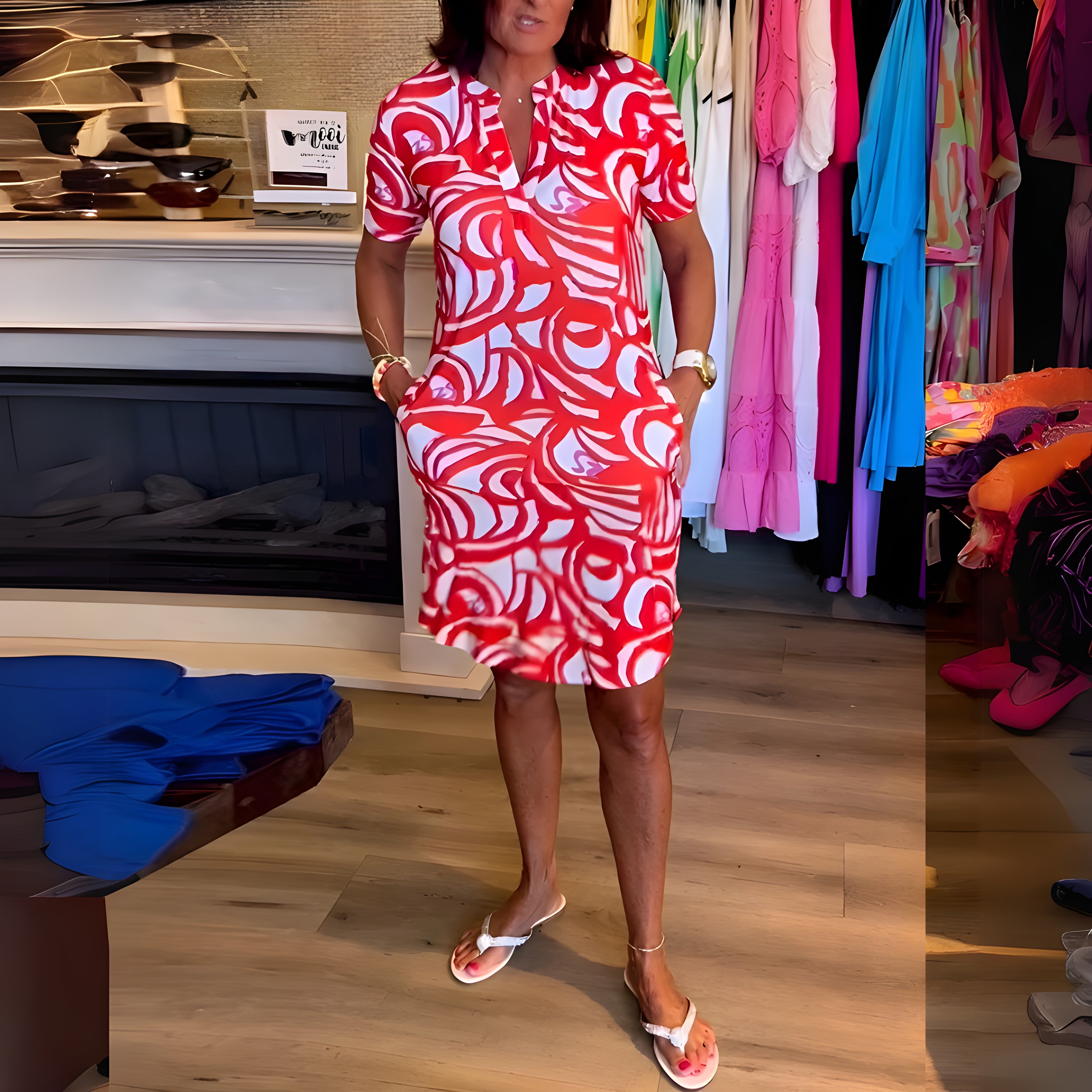 Wiehan | Short-Sleeve Printed Knee-Length Dress