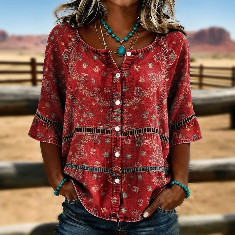 Solène | Vintage Ethnic Print V-Neck Blouse