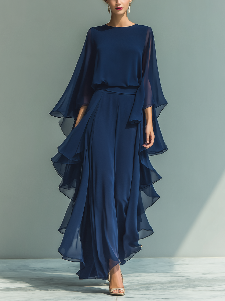 Mmabatho | Navy Chiffon Ruffle Two-Piece Set