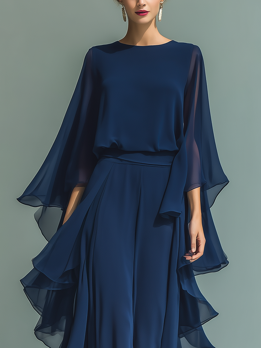 Mmabatho | Navy Chiffon Ruffle Two-Piece Set