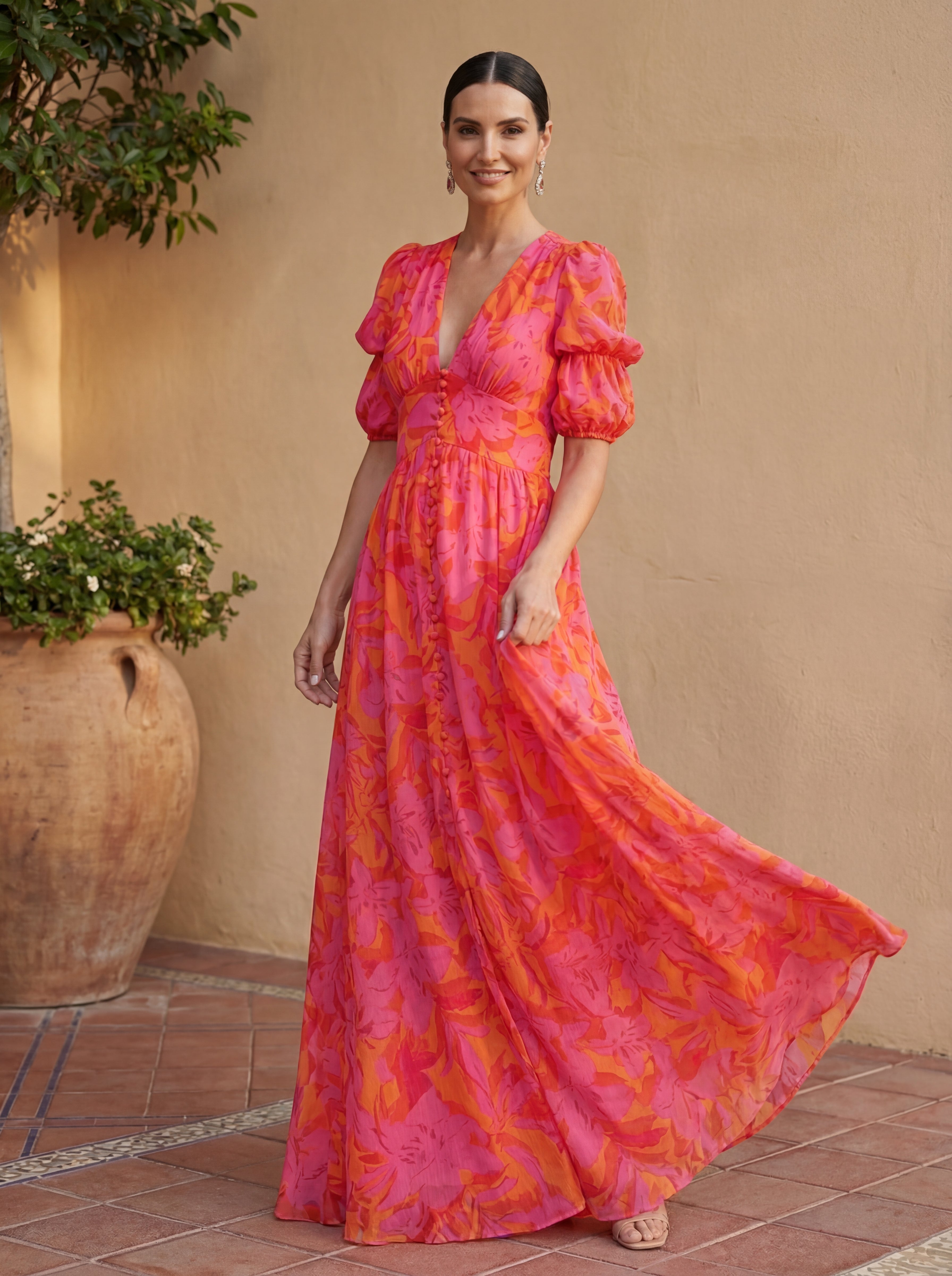 Aitana | Flowing Pink & Orange Maxi Dress