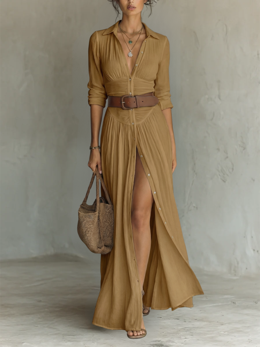 Khethiwe | Linen Maxi Dress Lapel Long Sleeve