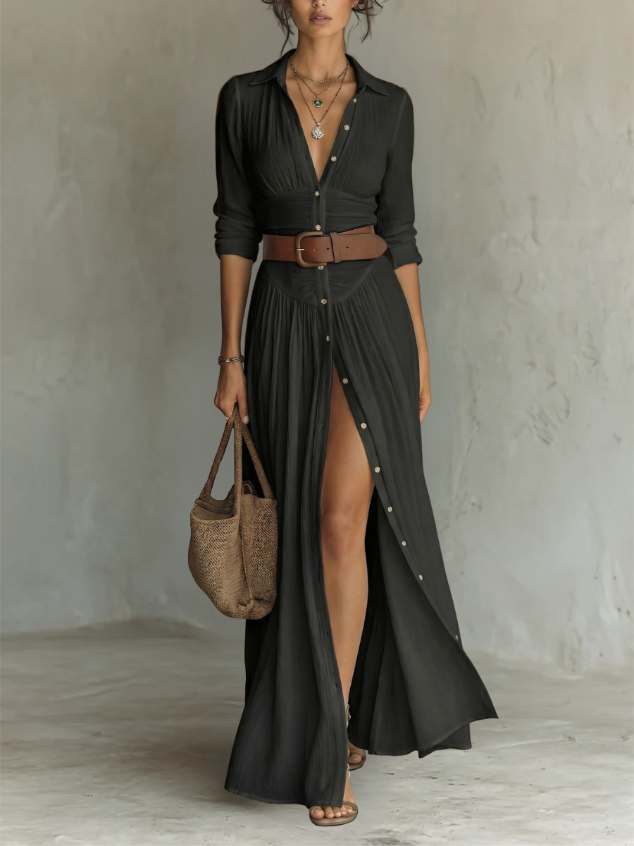 Khethiwe | Linen Maxi Dress Lapel Long Sleeve