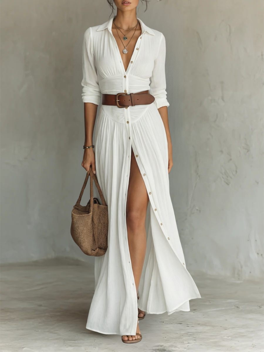 Khethiwe | Linen Maxi Dress Lapel Long Sleeve