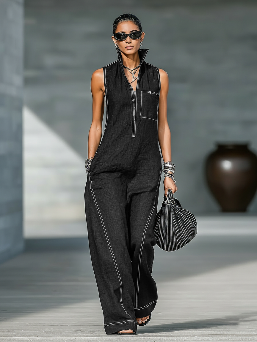 Mpho | Sleeveless Wide-Leg Contrast Trim Jumpsuit