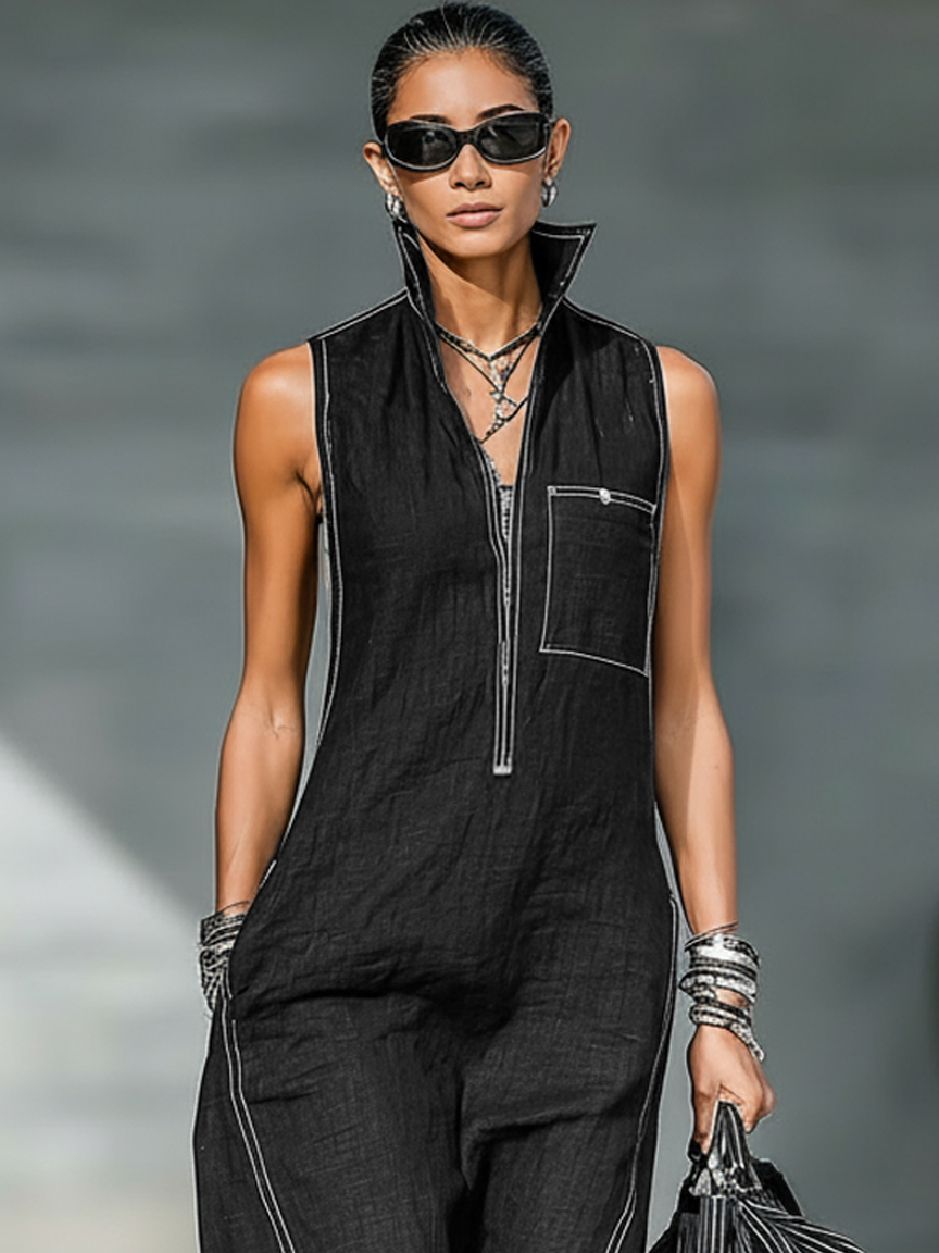 Mpho | Sleeveless Wide-Leg Contrast Trim Jumpsuit