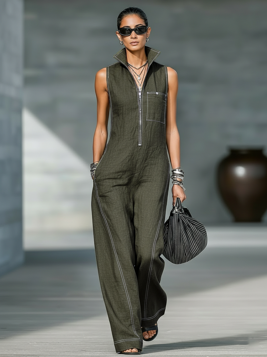 Mpho | Sleeveless Wide-Leg Contrast Trim Jumpsuit