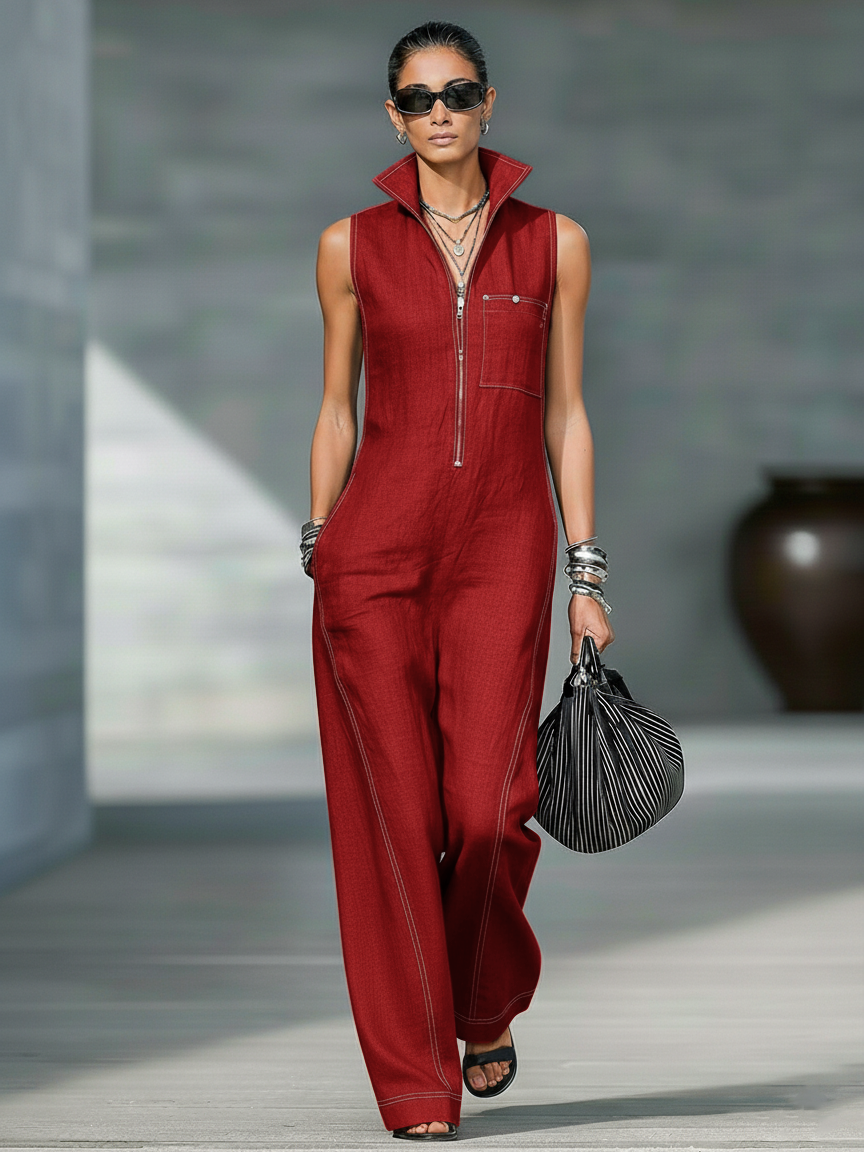 Mpho | Sleeveless Wide-Leg Contrast Trim Jumpsuit