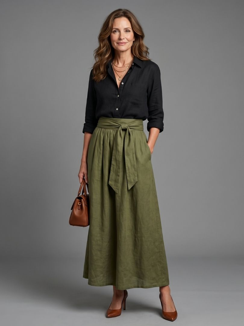 Elena | Button Blouse & Tie Midi Skirt Set