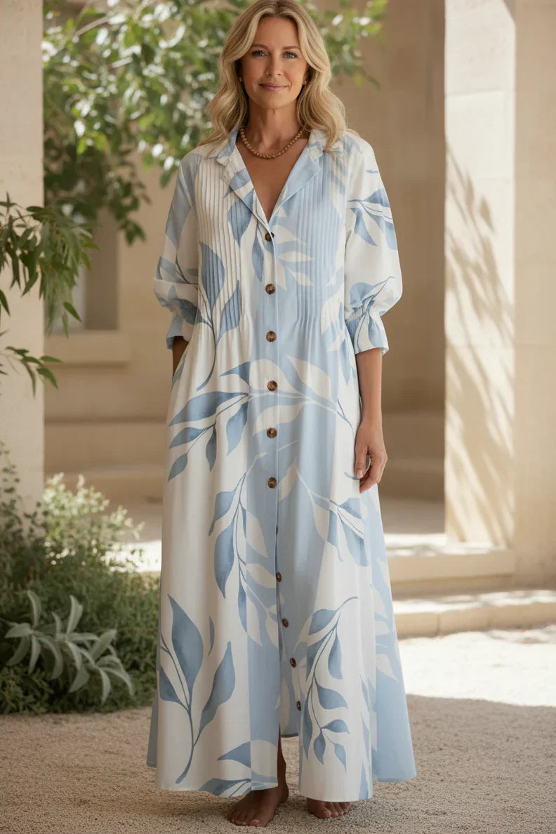 Estelle | Leaf Print Button-Down Maxi Dress