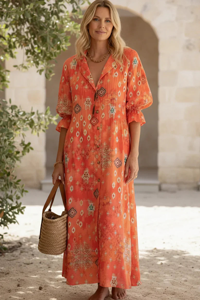 Estelle | Leaf Print Button-Down Maxi Dress