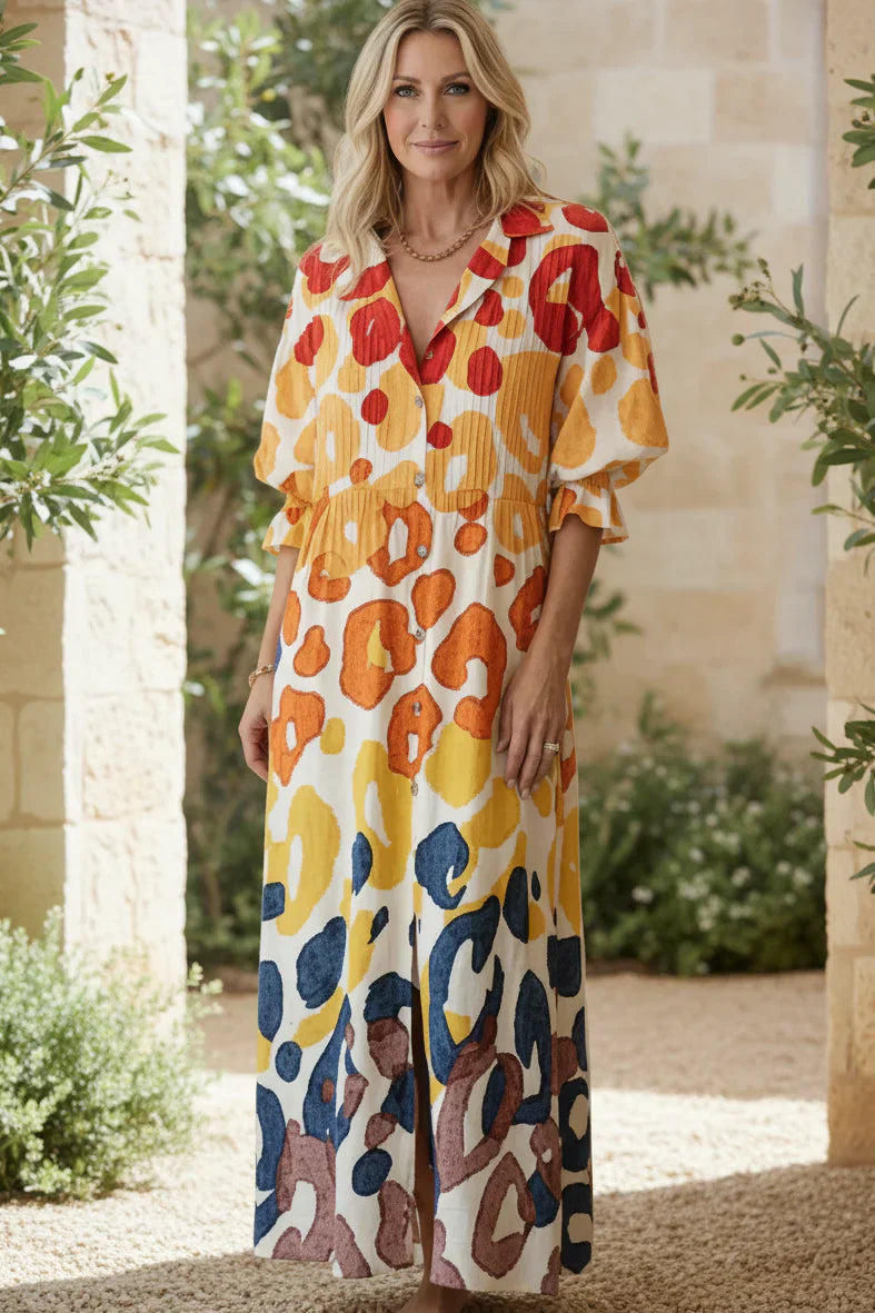 Estelle | Leaf Print Button-Down Maxi Dress