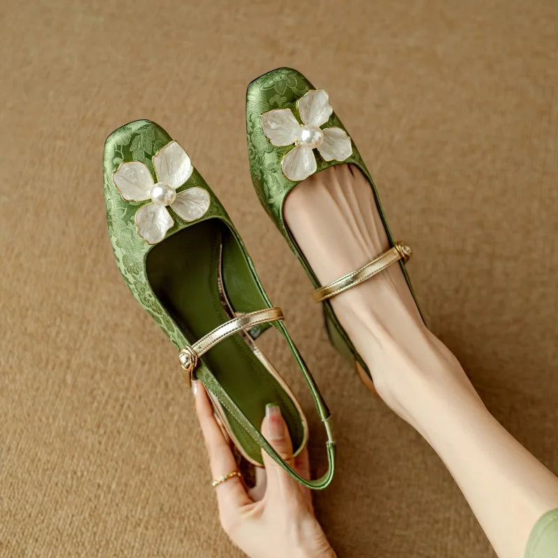 Adrienne | Floral Accent Block Heel Pumps