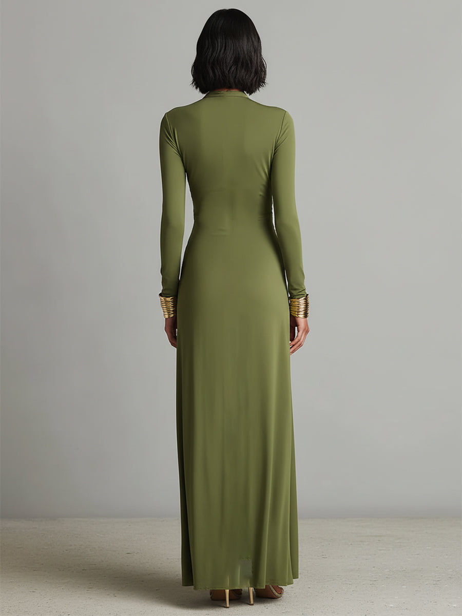 Nthabi | Olive Silk Maxi V-Neck Dress
