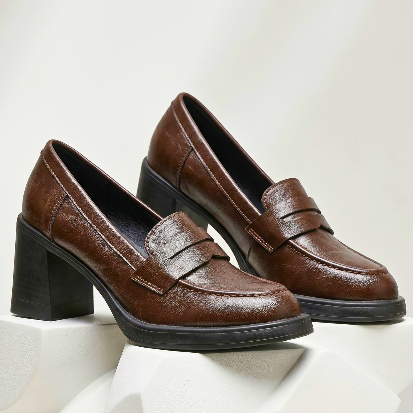 Lebone | Vintage Leather Block Heel Loafer