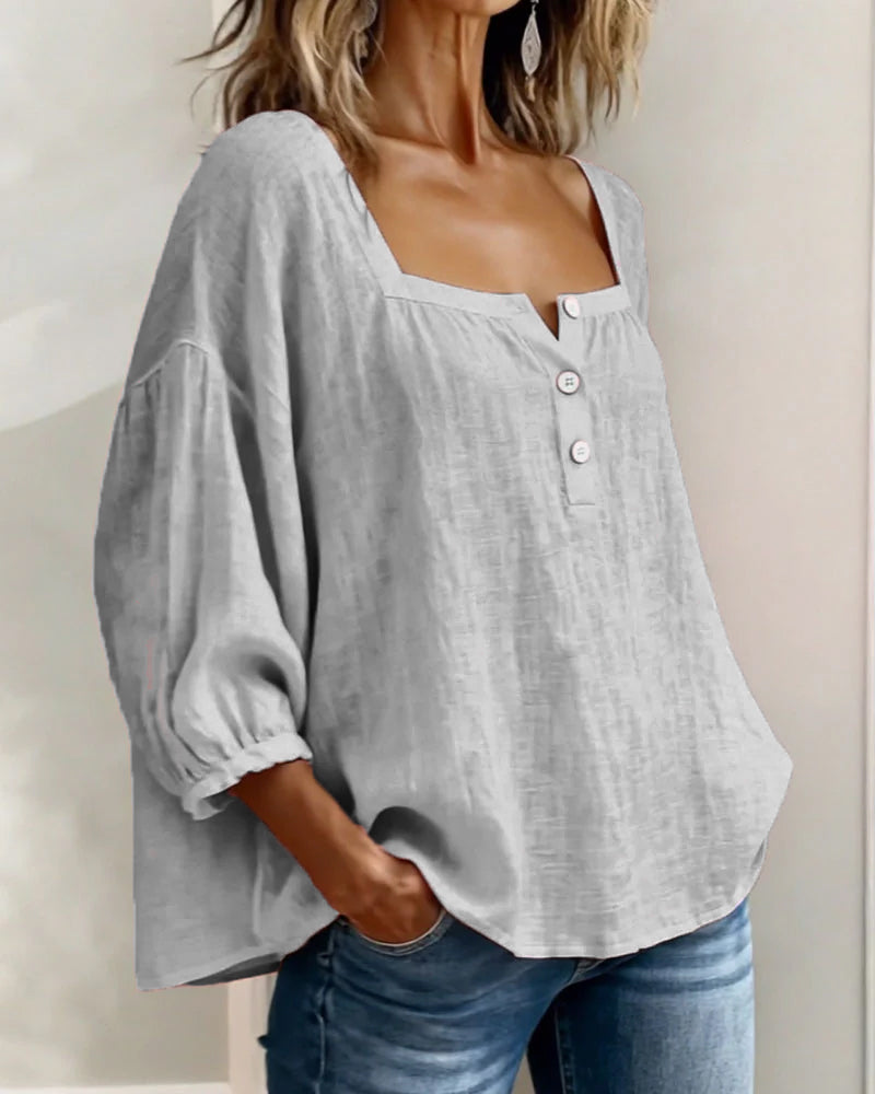 Masego | Cotton-Linen Square Neck Blouse