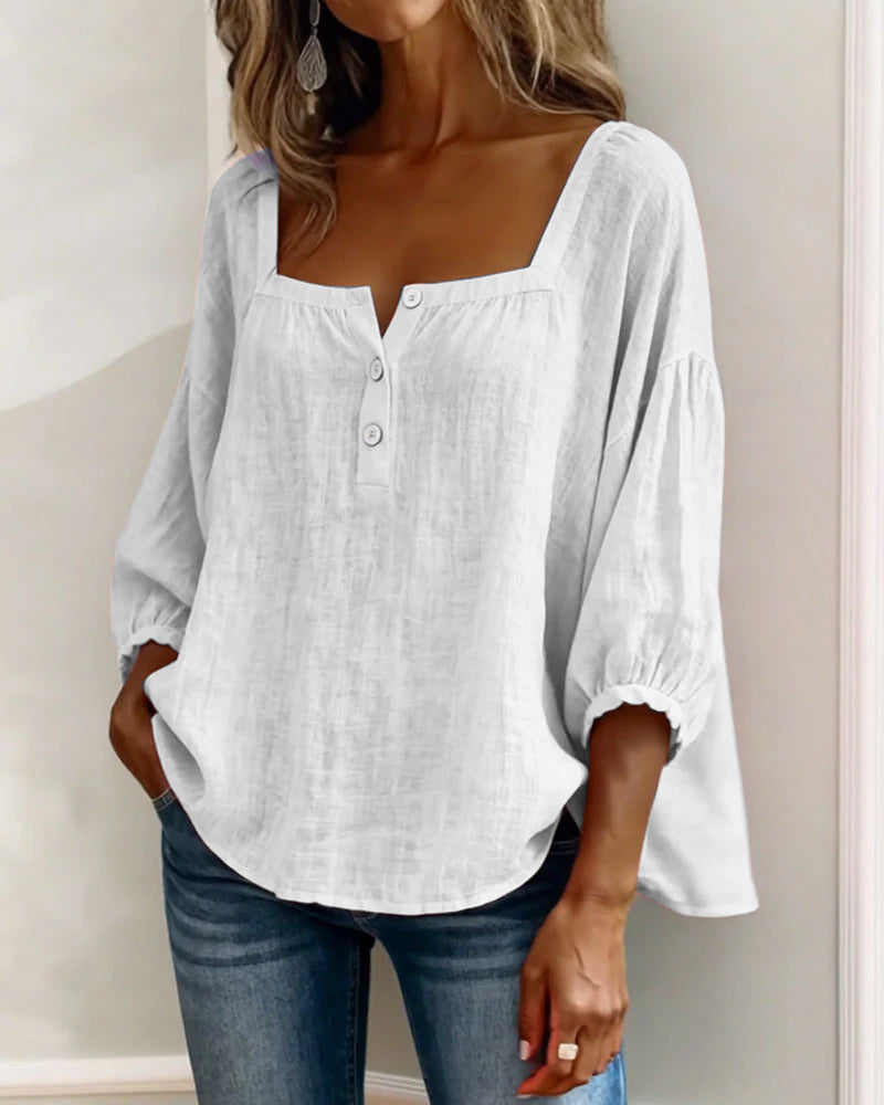 Masego | Cotton-Linen Square Neck Blouse