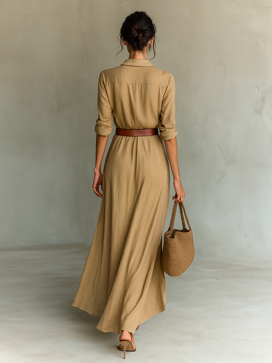 Simangele | Lapel Collar Maxi Dress Long Sleeve