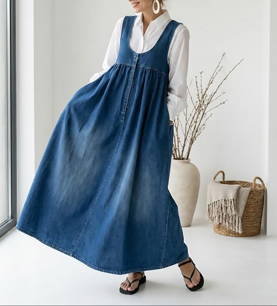 Odette | Vintage Washed Denim Maxi Dress