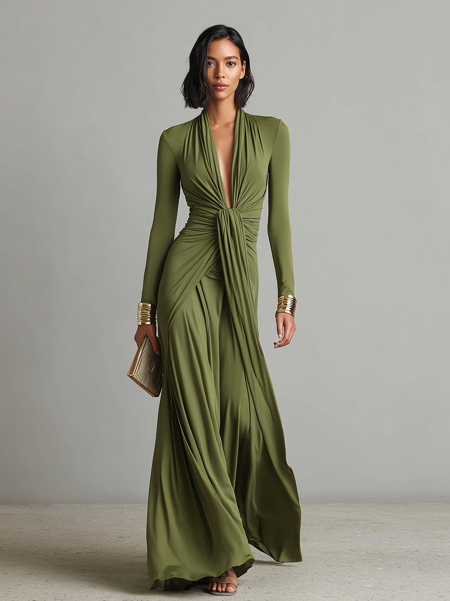 Nthabi | Olive Silk Maxi V-Neck Dress