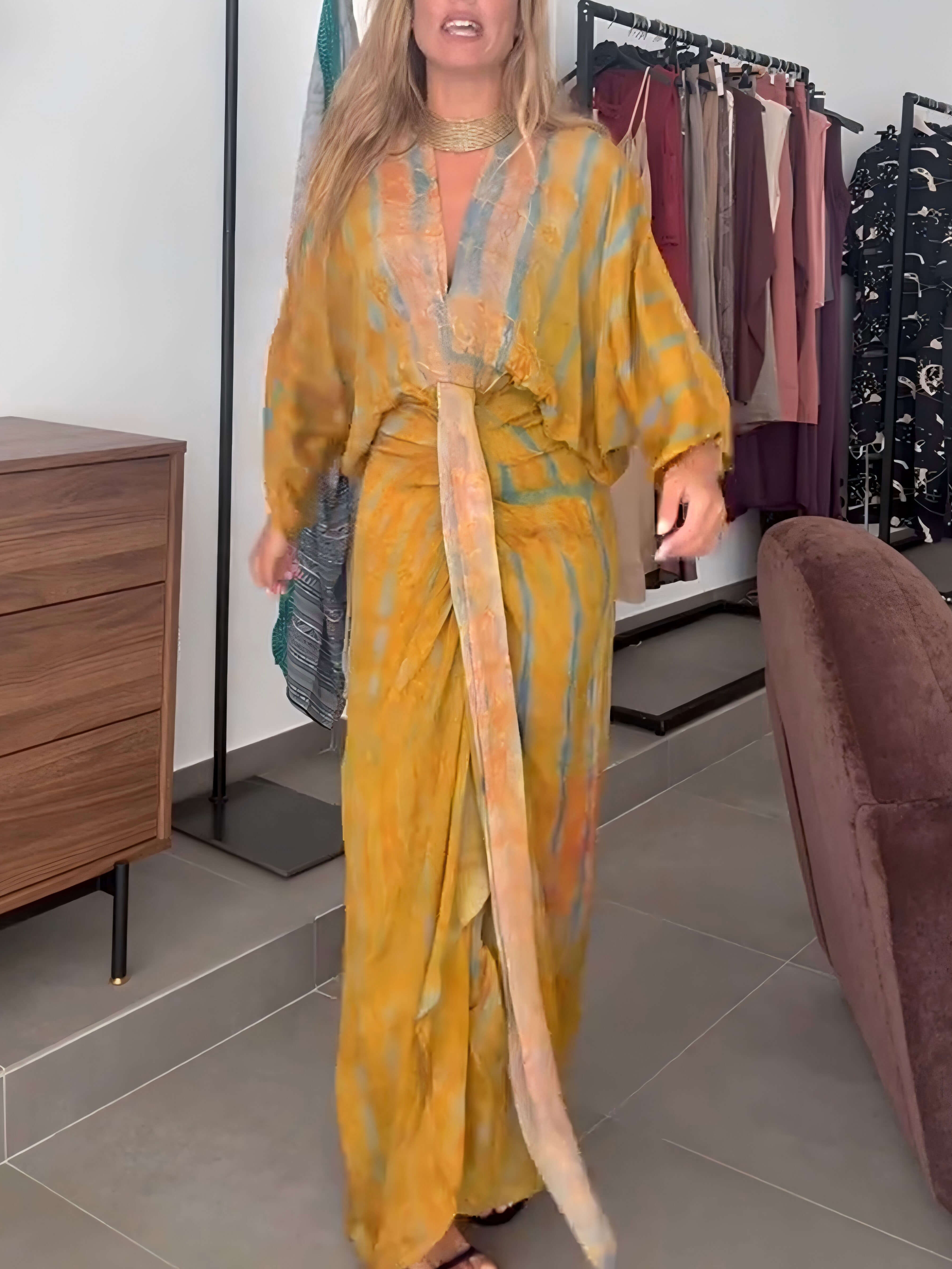 Thalia | Pleated Kimono Midi Dress