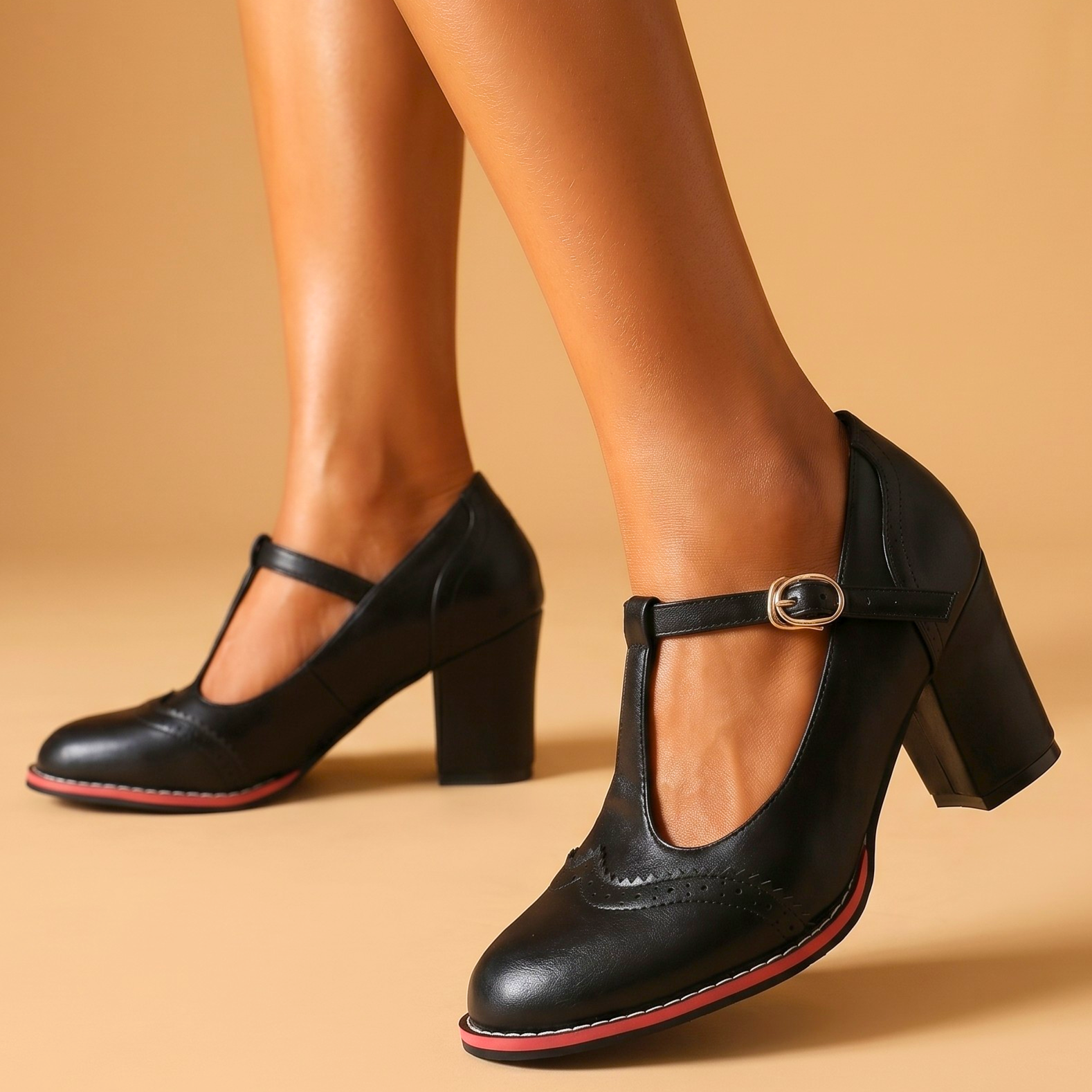 Nomsa | Vintage Leather Brogue T-Strap Heels