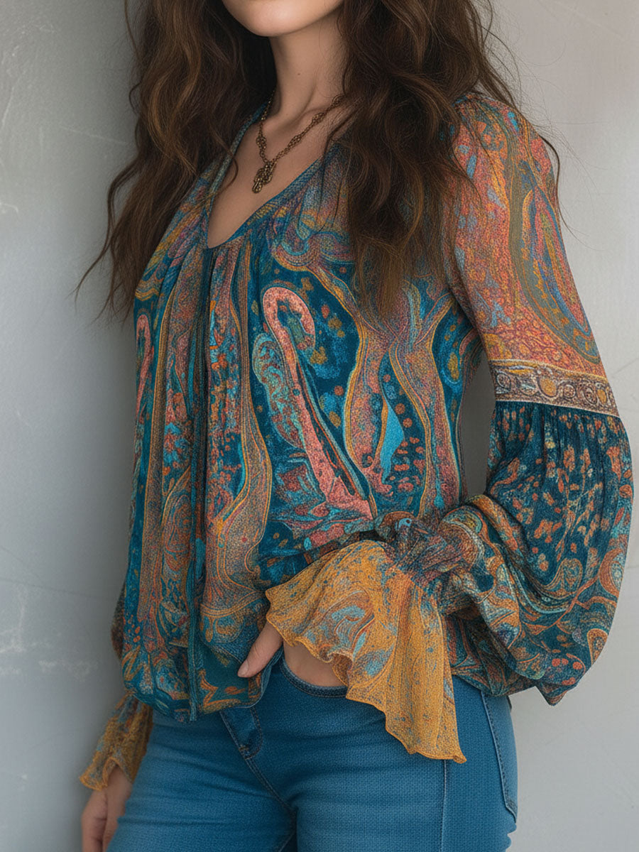 Nozibusiso | Bohemian Paisley Ruffled Chiffon Blouse