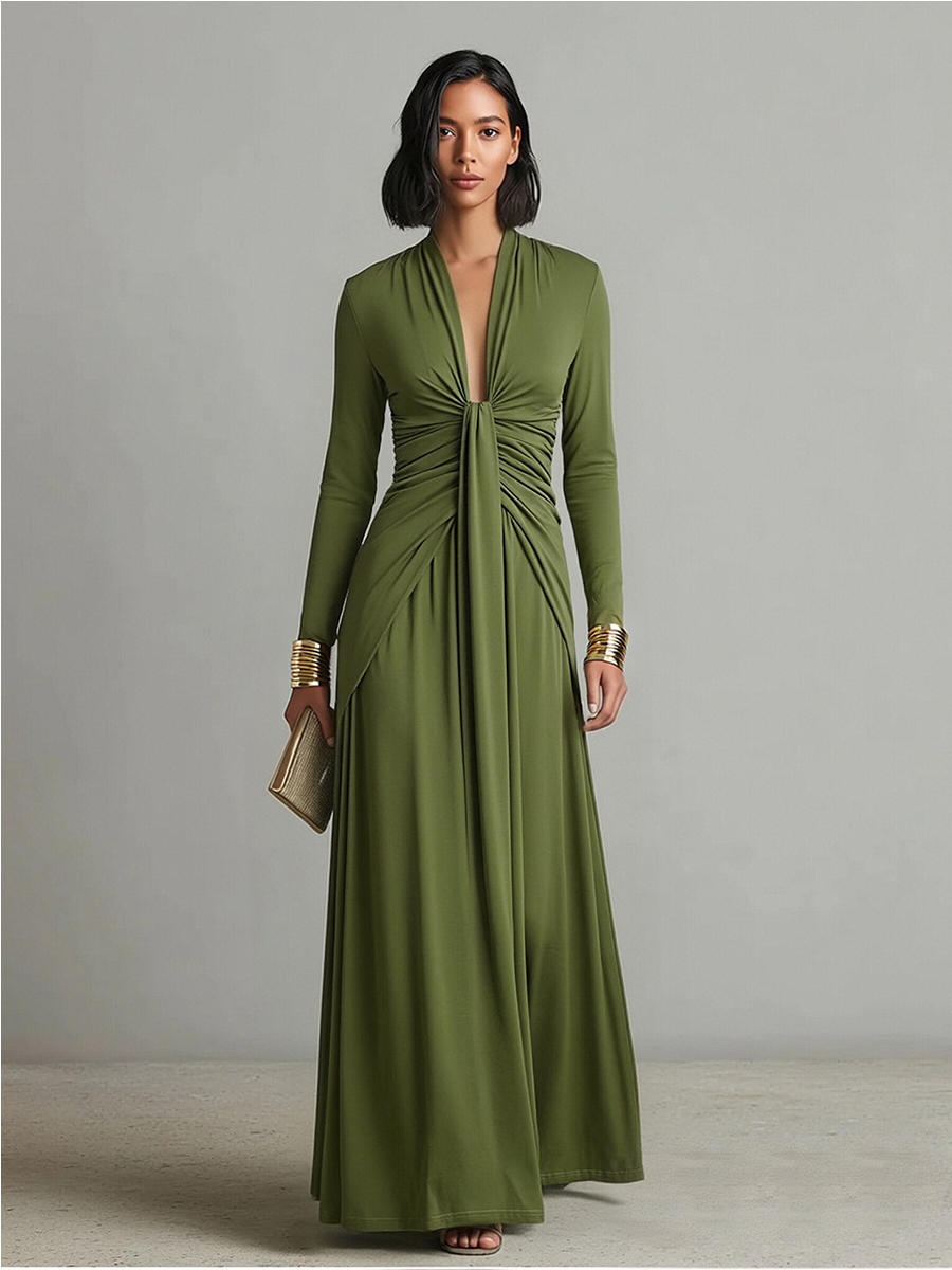 Nthabi | Olive Silk Maxi V-Neck Dress