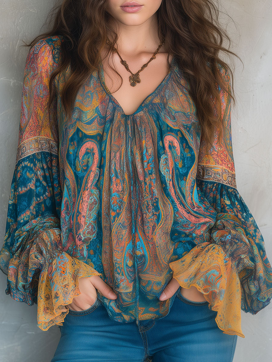 Nozibusiso | Bohemian Paisley Ruffled Chiffon Blouse