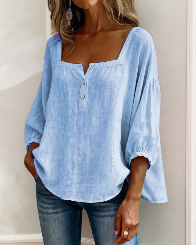 Masego | Cotton-Linen Square Neck Blouse