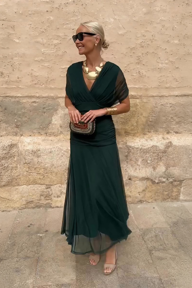 Margot | Pleated Waist V-Neck Maxi Dress