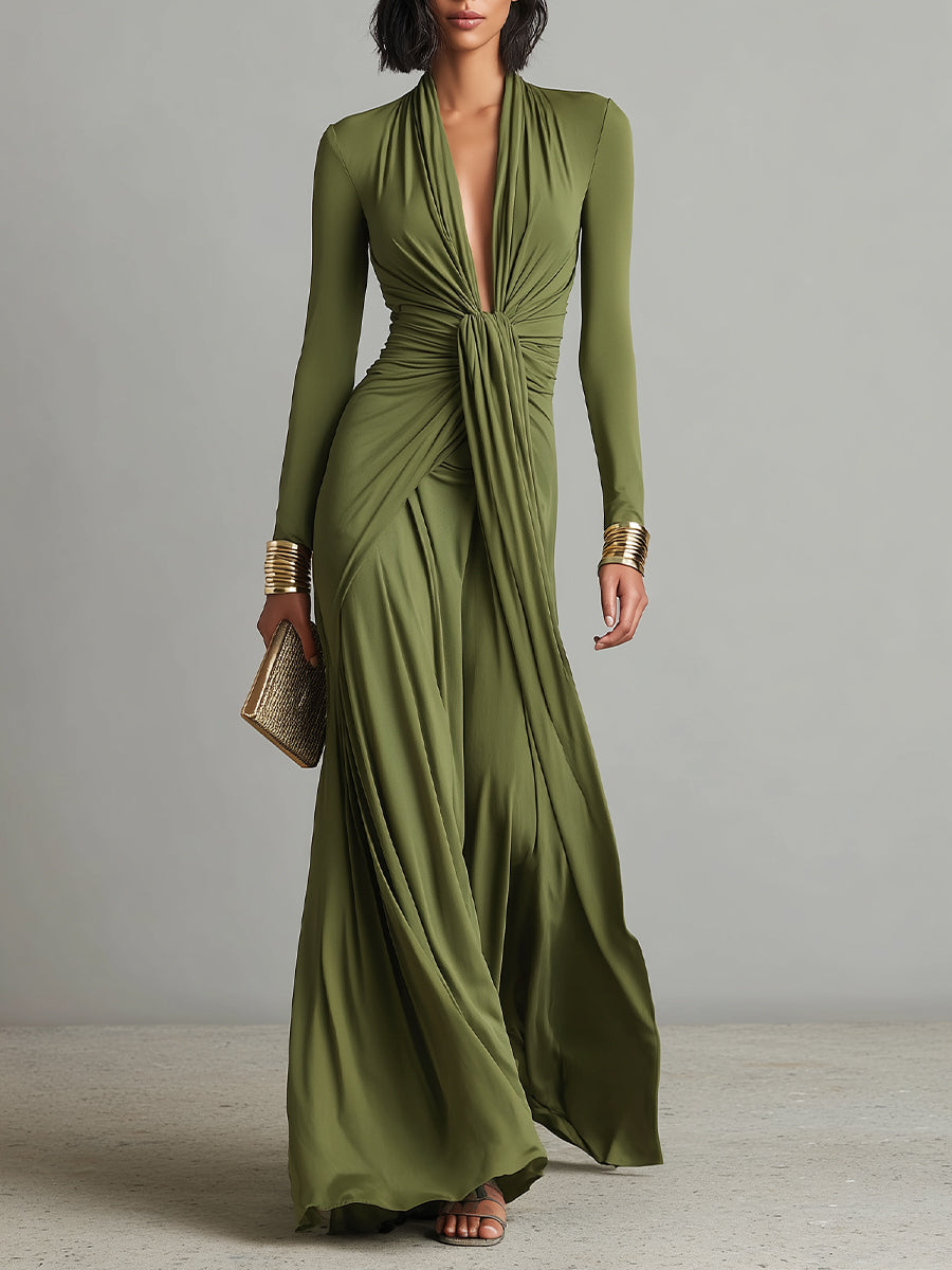 Nthabi | Olive Silk Maxi V-Neck Dress