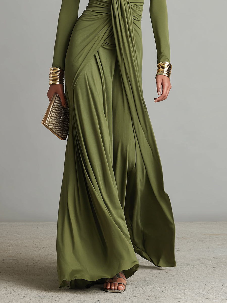 Nthabi | Olive Silk Maxi V-Neck Dress