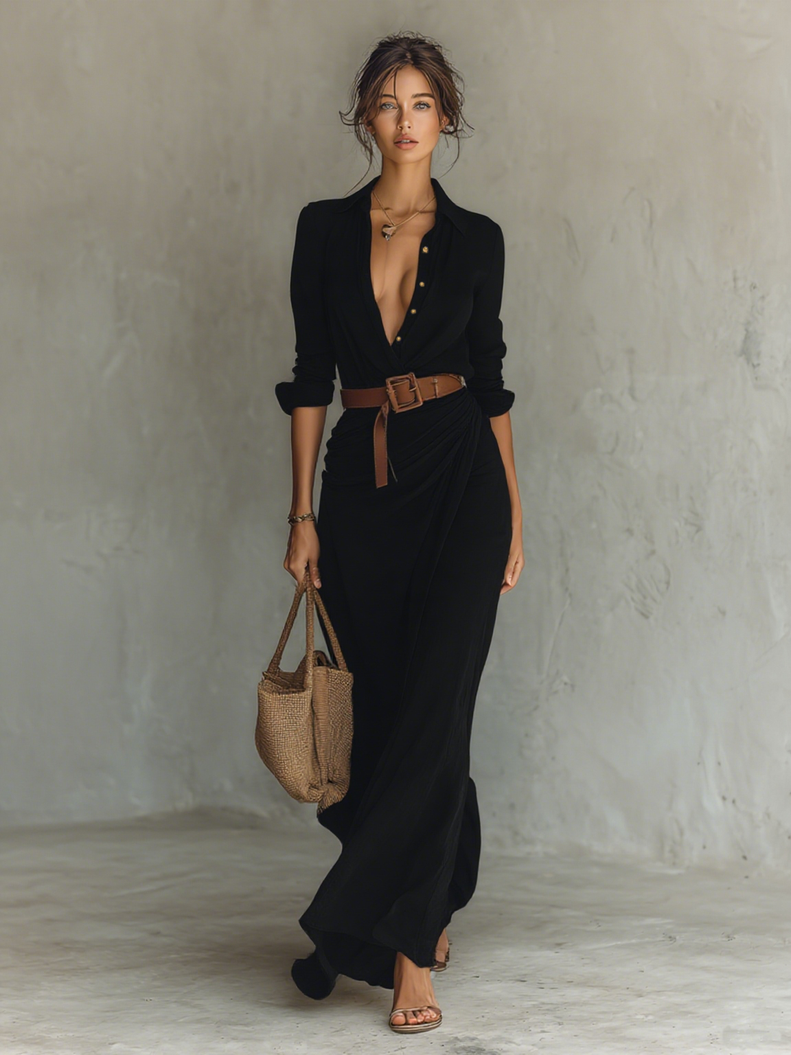 Simangele | Lapel Collar Maxi Dress Long Sleeve