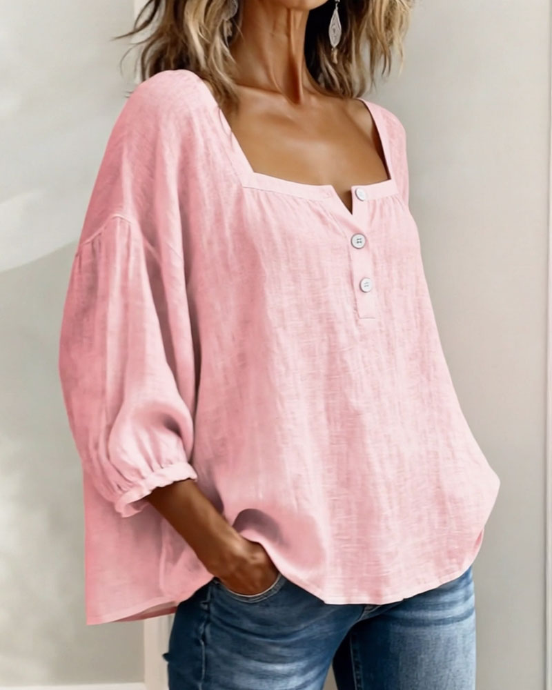 Masego | Cotton-Linen Square Neck Blouse