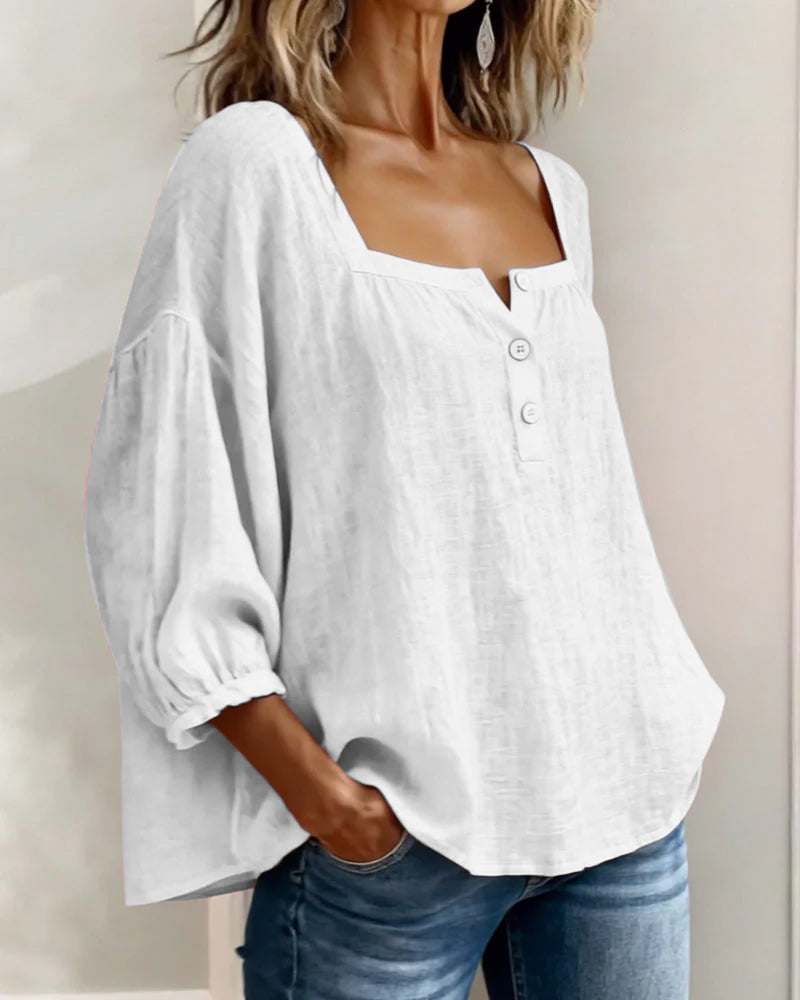 Masego | Cotton-Linen Square Neck Blouse