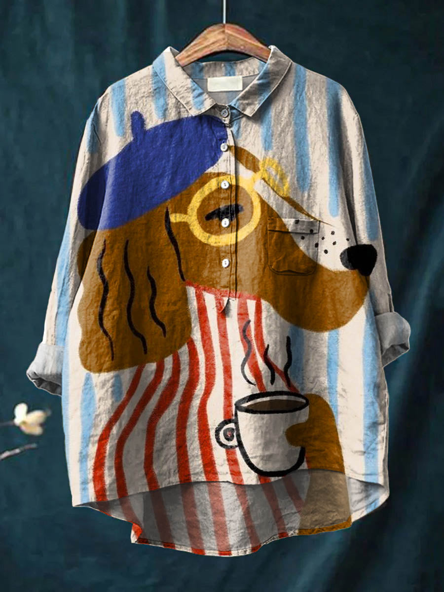 Aria | Artistic Dog & Coffee Print Shirt
