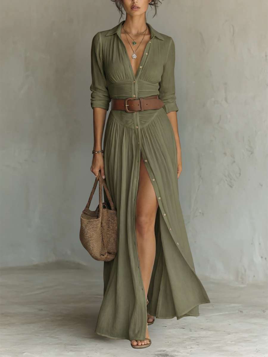 Khethiwe | Linen Maxi Dress Lapel Long Sleeve