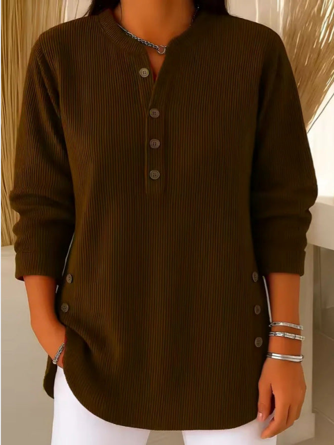 Moipone | Ribbed Henley Long Sleeve Top