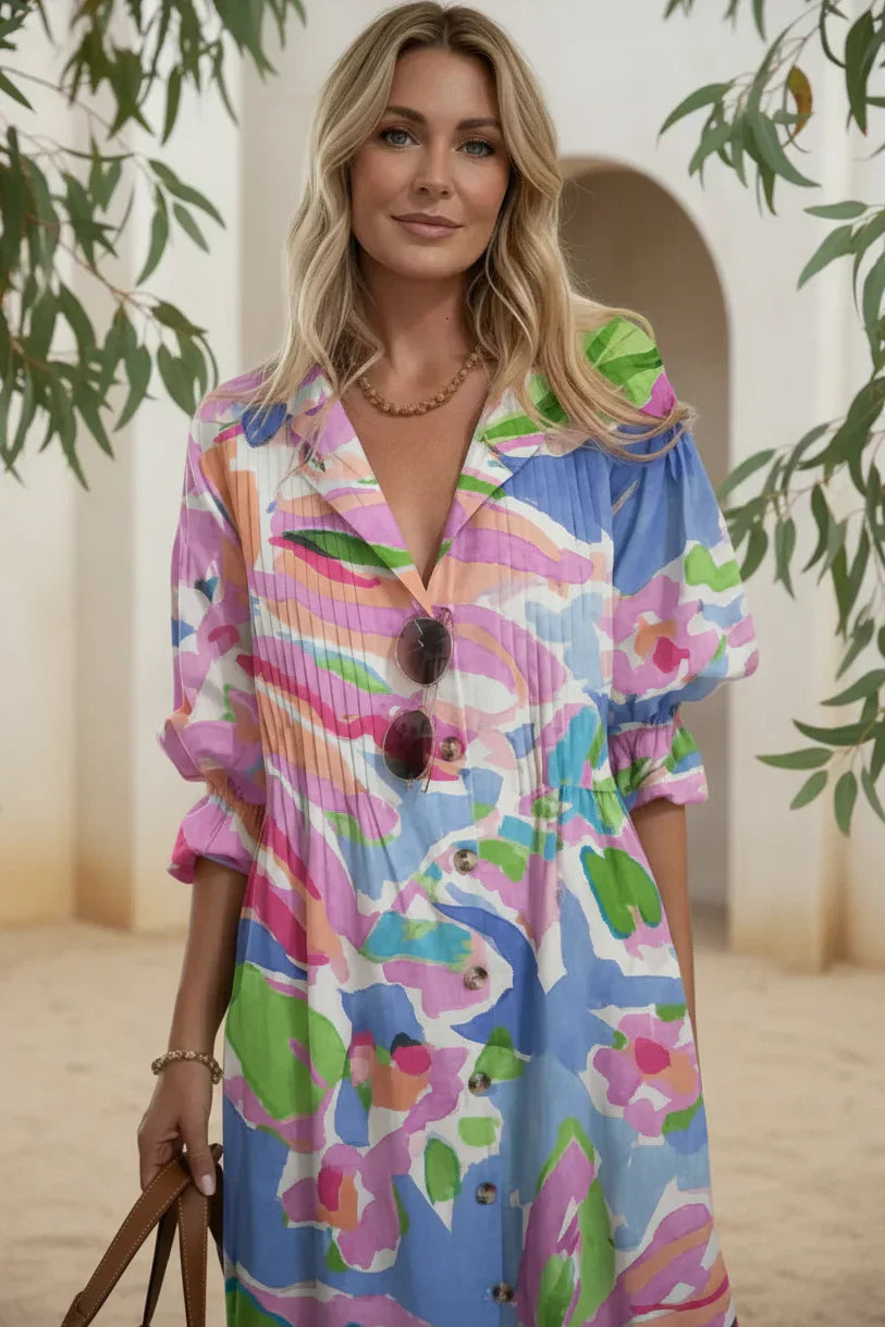 Estelle | Leaf Print Button-Down Maxi Dress