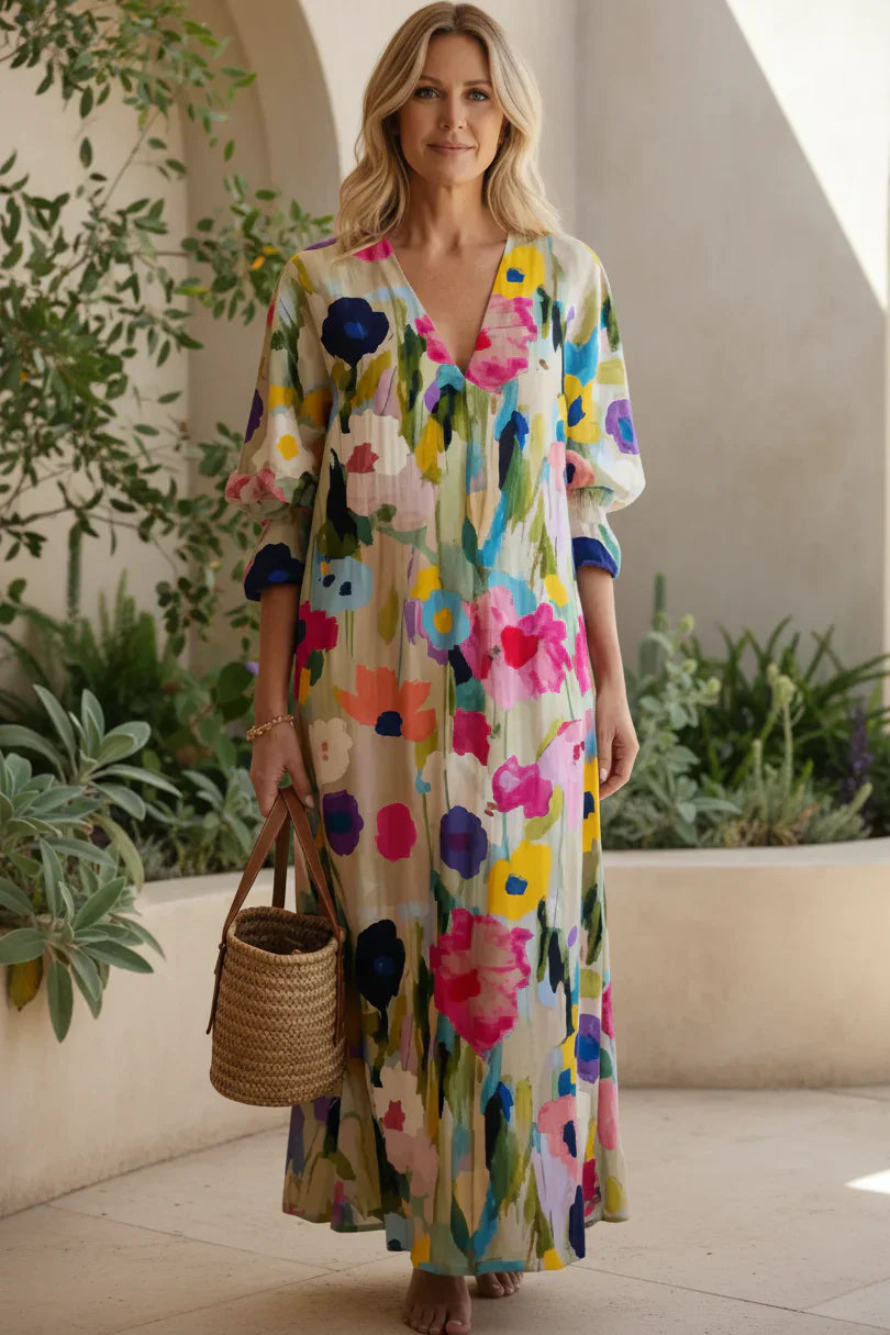 Estelle | Leaf Print Button-Down Maxi Dress