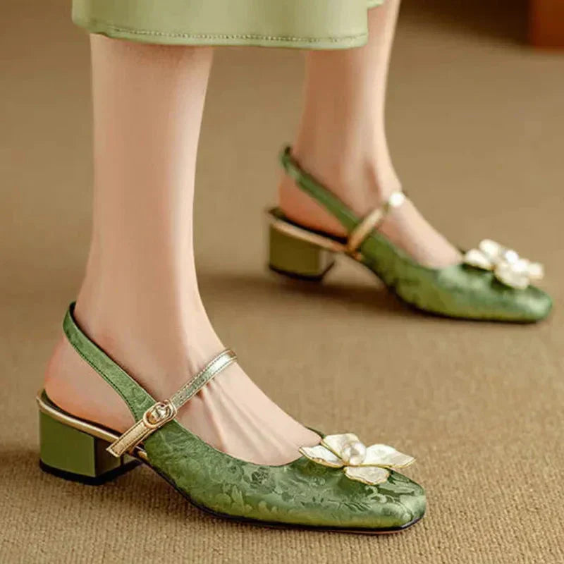 Pauline | Floral Accent Block Heel Pumps
