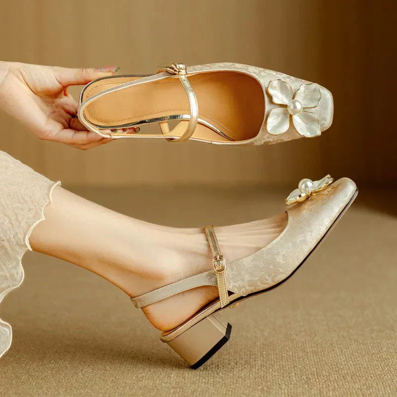 Adrienne | Floral Accent Block Heel Pumps