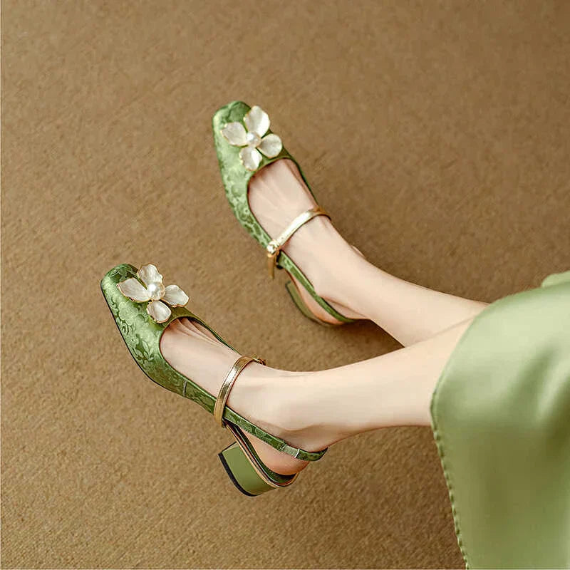 Pauline | Floral Accent Block Heel Pumps