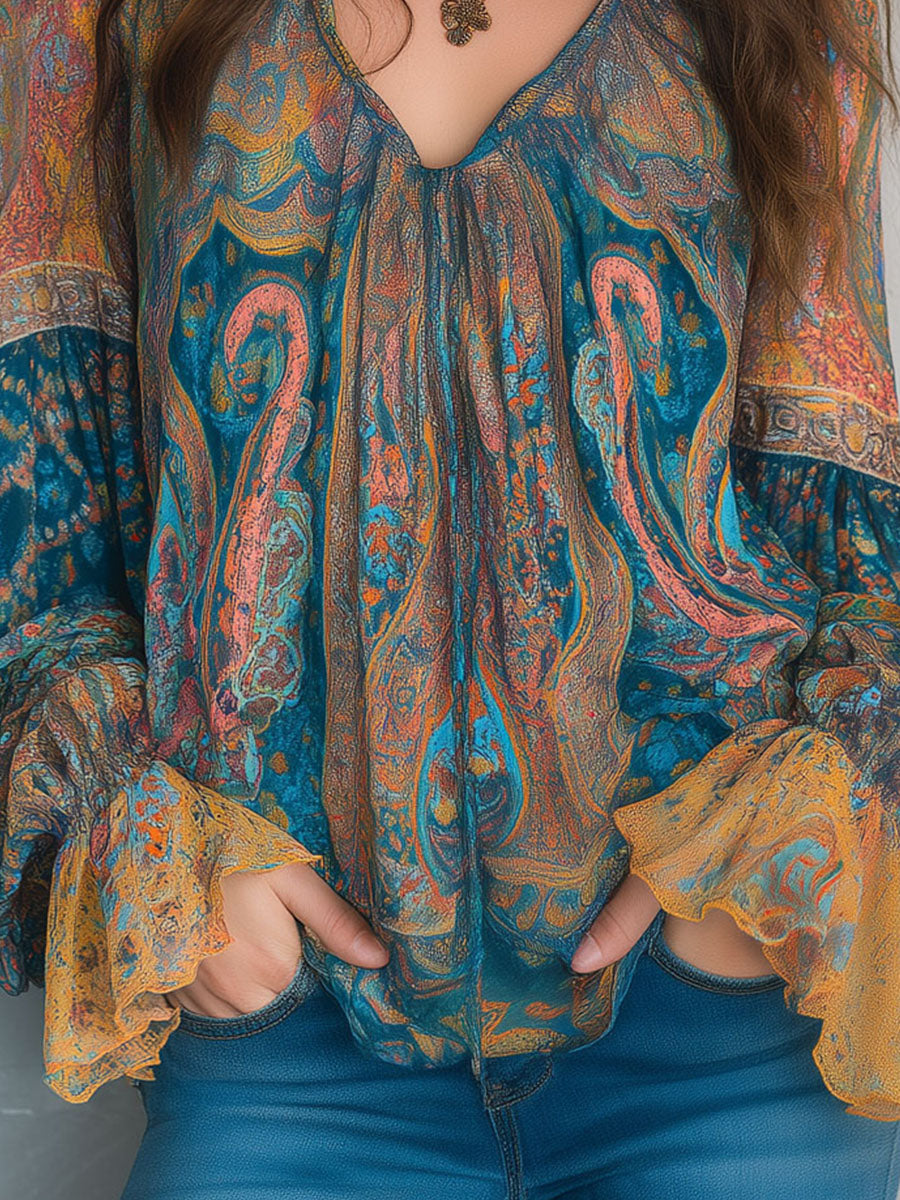 Nozibusiso | Bohemian Paisley Ruffled Chiffon Blouse