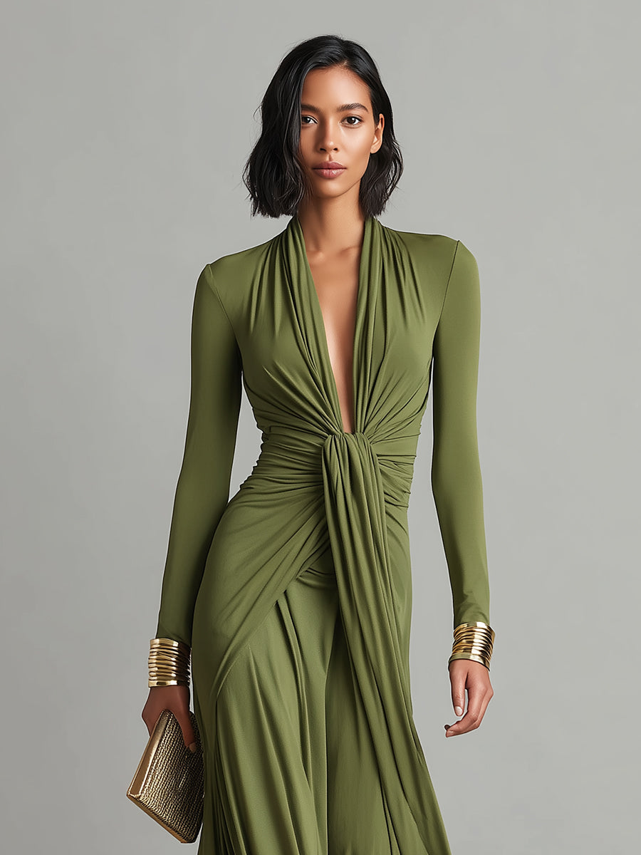 Nthabi | Olive Silk Maxi V-Neck Dress