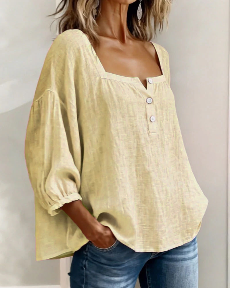 Masego | Cotton-Linen Square Neck Blouse