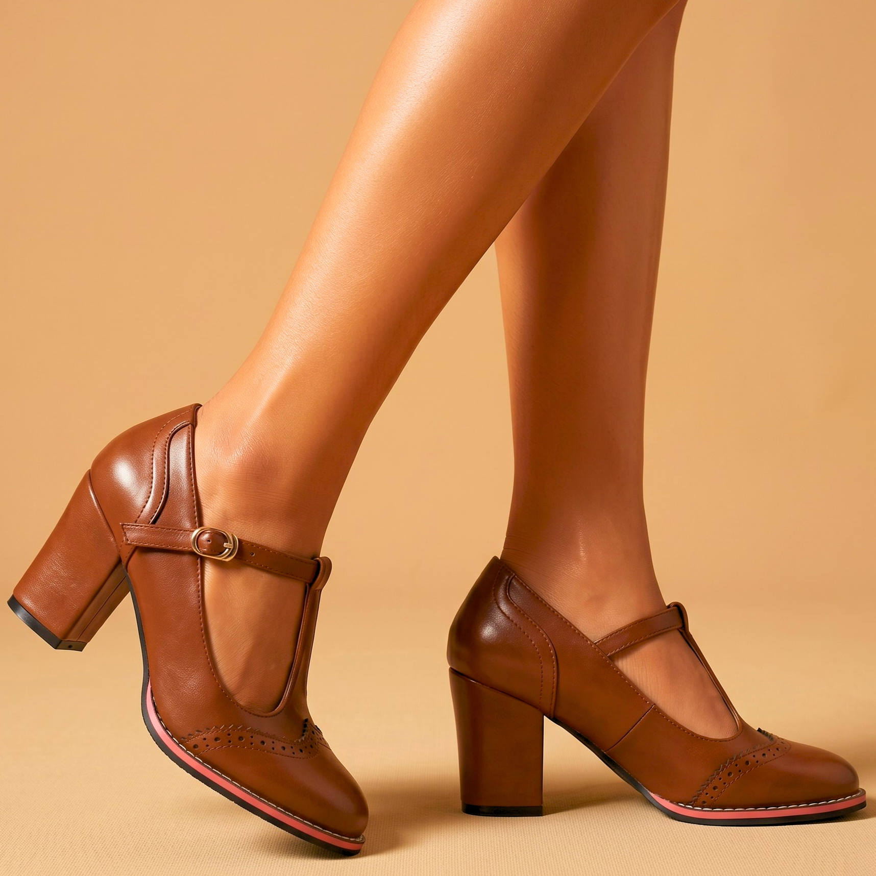 Nomsa | Vintage Leather Brogue T-Strap Heels